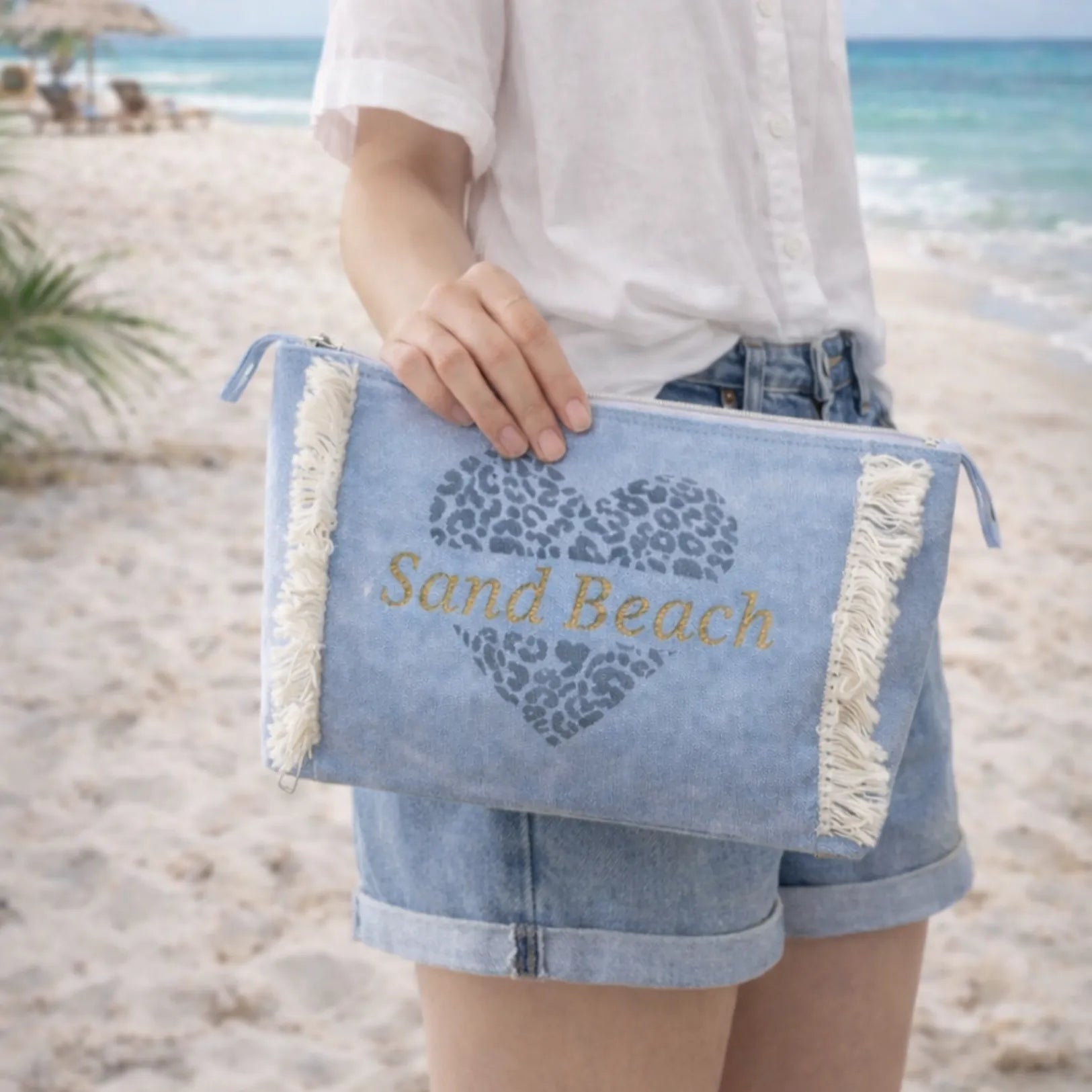 Pochette Sand Beach en toile coton effet jean avec franges